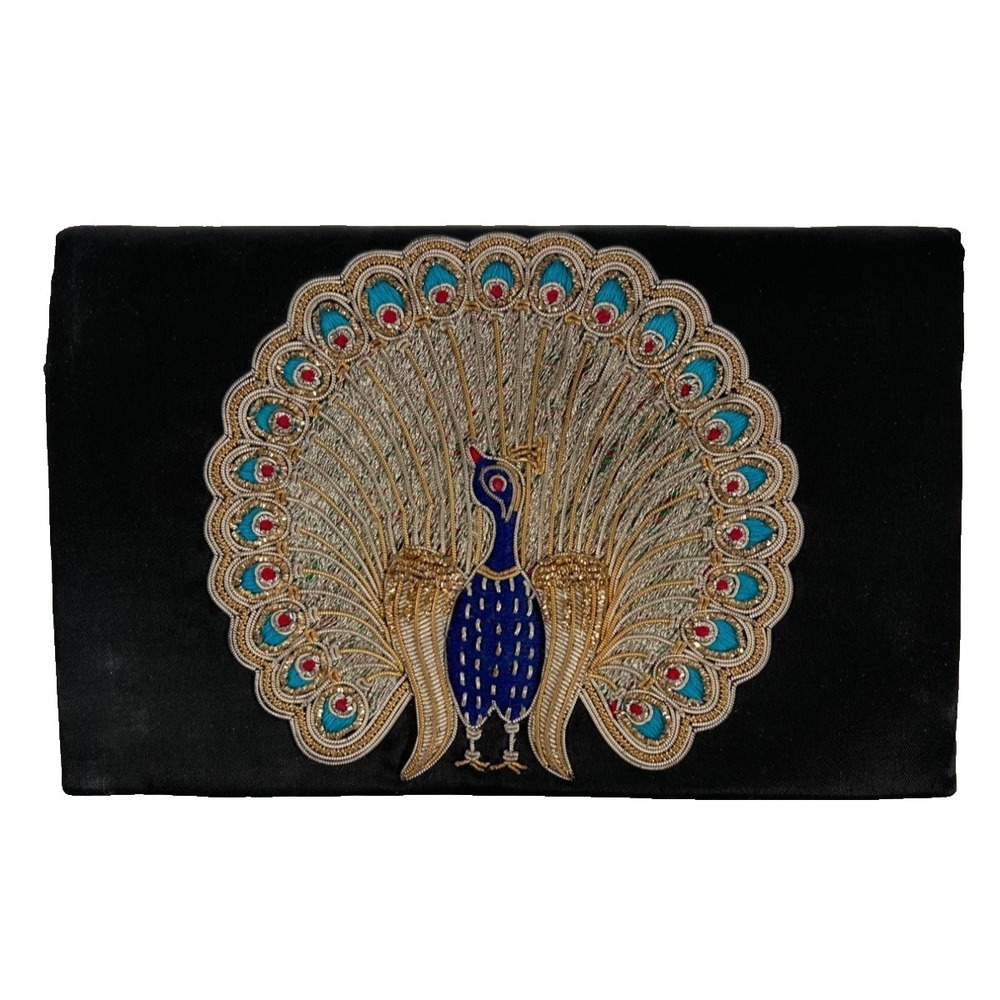 VTG Zardozi Peacock Purse Clutch Hand-Embroidered Metallic Thread on Black Satin